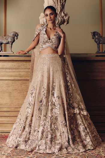 Matsya_Beige Tissue, Net V-neck The Amazonica Embroidered Lehenga Set _Online_at_Aza_Fashions
