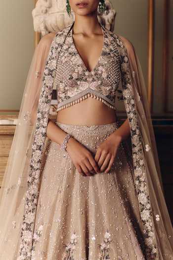Buy_Matsya_Beige Tissue, Net V-neck The Amazonica Embroidered Lehenga Set _Online_at_Aza_Fashions