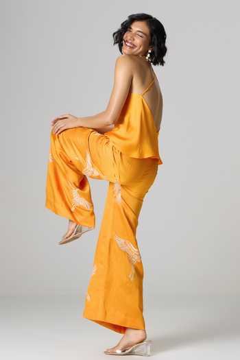 Buy_Dilnaz_Yellow Satin, Linen Halter Neck Windswept Embroidered Trouser Set _Online_at_Aza_Fashions