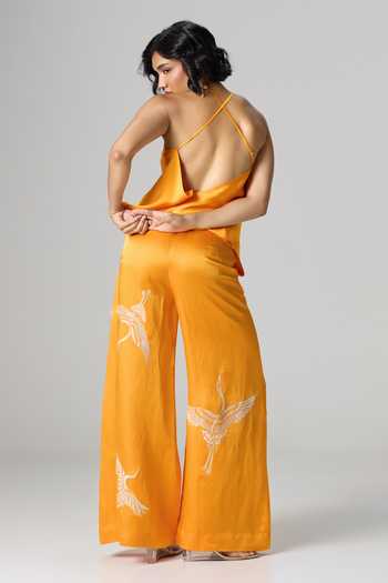 Dilnaz_Yellow Satin, Linen Halter Neck Windswept Embroidered Trouser Set _Online_at_Aza_Fashions