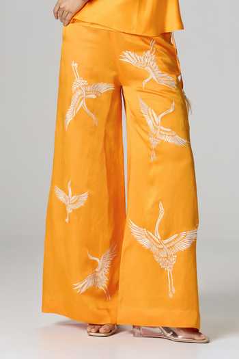 Dilnaz_Yellow Satin, Linen Halter Neck Windswept Embroidered Trouser Set _at_Aza_Fashions