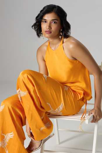 Buy_Dilnaz_Yellow Satin, Linen Halter Neck Windswept Embroidered Trouser Set 