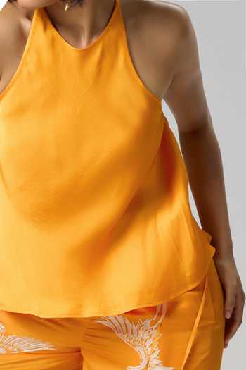 Shop_Dilnaz_Yellow Satin, Linen Halter Neck Windswept Embroidered Trouser Set 