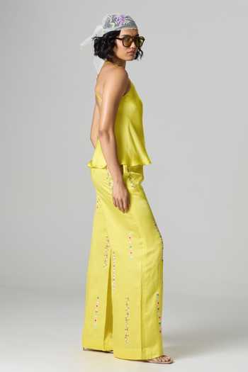 Dilnaz_Yellow Satin, Linen Halter Neck Limoncello Embroidered Trouser Set _Online_at_Aza_Fashions