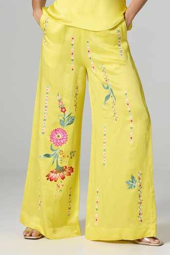 Buy_Dilnaz_Yellow Satin, Linen Halter Neck Limoncello Embroidered Trouser Set _Online_at_Aza_Fashions