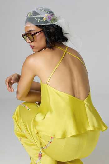 Shop_Dilnaz_Yellow Satin, Linen Halter Neck Limoncello Embroidered Trouser Set _Online_at_Aza_Fashions