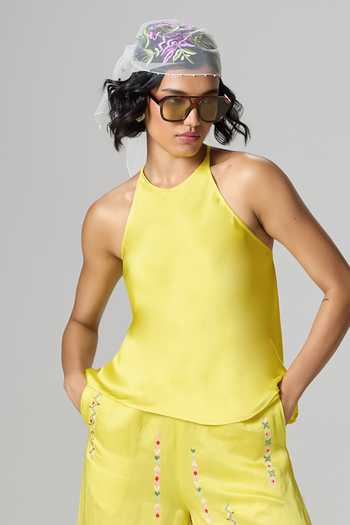 Dilnaz_Yellow Satin, Linen Halter Neck Limoncello Embroidered Trouser Set _at_Aza_Fashions