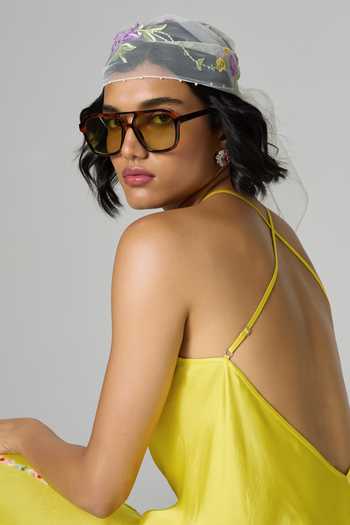 Buy_Dilnaz_Yellow Satin, Linen Halter Neck Limoncello Embroidered Trouser Set 