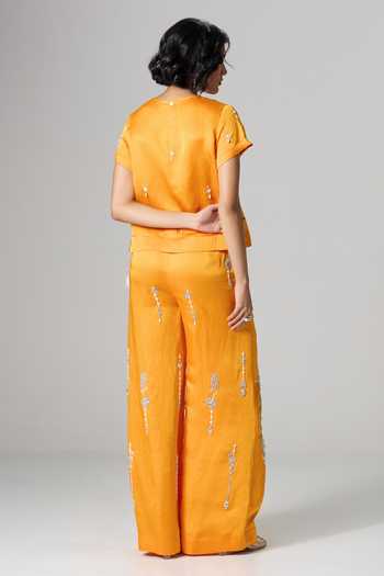 Shop_Dilnaz_Yellow Linen Round Neck Turmeric Latte Embroidered Trouser Set _at_Aza_Fashions