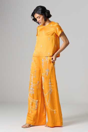 Dilnaz_Yellow Linen Round Neck Turmeric Latte Embroidered Trouser Set _Online_at_Aza_Fashions