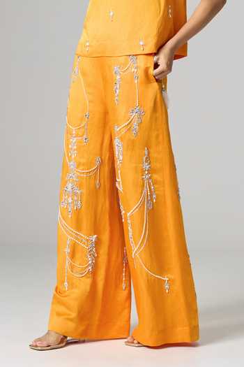 Buy_Dilnaz_Yellow Linen Round Neck Turmeric Latte Embroidered Trouser Set _Online_at_Aza_Fashions