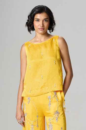 Dilnaz_Yellow Linen Boat Neck Sundowner Embroidered Trouser Set _Online_at_Aza_Fashions