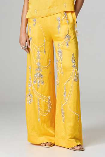 Buy_Dilnaz_Yellow Linen Boat Neck Sundowner Embroidered Trouser Set _Online_at_Aza_Fashions