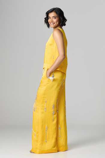 Shop_Dilnaz_Yellow Linen Boat Neck Sundowner Embroidered Trouser Set _Online_at_Aza_Fashions