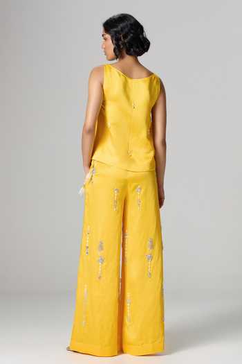 Shop_Dilnaz_Yellow Linen Boat Neck Sundowner Embroidered Trouser Set _at_Aza_Fashions