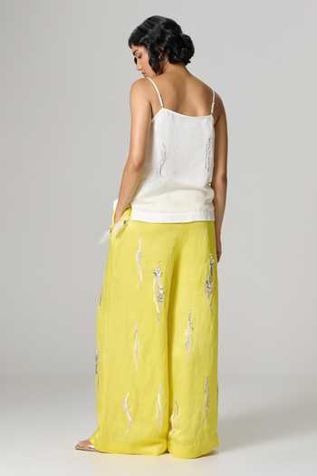 Dilnaz_Ivory Linen Scoop Neck Gin And Tonic Embroidered Trouser Set _Online_at_Aza_Fashions
