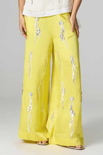 Shop_Dilnaz_Ivory Linen Scoop Neck Gin And Tonic Embroidered Trouser Set _Online_at_Aza_Fashions