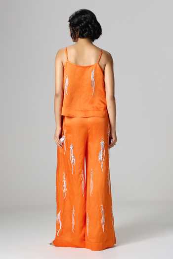Dilnaz_Orange Linen Square Neck Rasna Embroidered Trouser Set _Online_at_Aza_Fashions