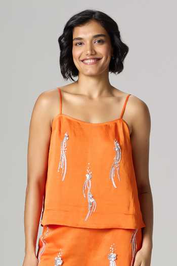 Shop_Dilnaz_Orange Linen Square Neck Rasna Embroidered Trouser Set _Online_at_Aza_Fashions