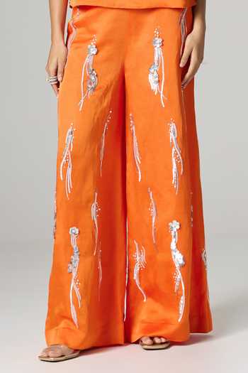 Dilnaz_Orange Linen Square Neck Rasna Embroidered Trouser Set _at_Aza_Fashions