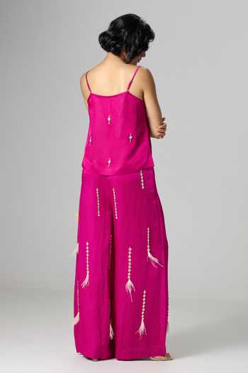 Shop_Dilnaz_Pink Linen Scoop Neck Rooh Afza Embroidered Trouser Set _at_Aza_Fashions