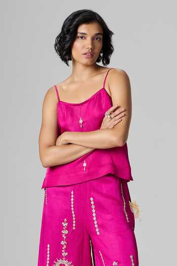 Dilnaz_Pink Linen Scoop Neck Rooh Afza Embroidered Trouser Set _Online_at_Aza_Fashions