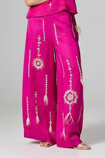 Buy_Dilnaz_Pink Linen Scoop Neck Rooh Afza Embroidered Trouser Set _Online_at_Aza_Fashions