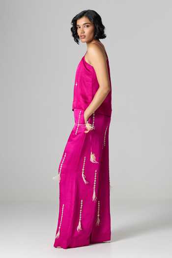 Shop_Dilnaz_Pink Linen Scoop Neck Rooh Afza Embroidered Trouser Set _Online_at_Aza_Fashions