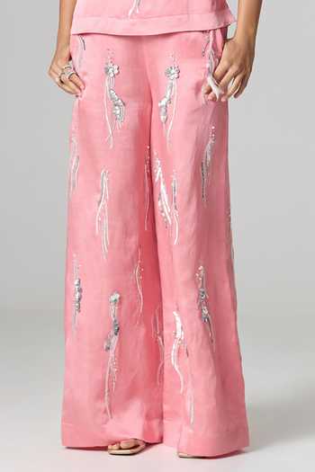 Dilnaz_Pink Linen Square Neck Rose Embroidered Trouser Set _Online_at_Aza_Fashions