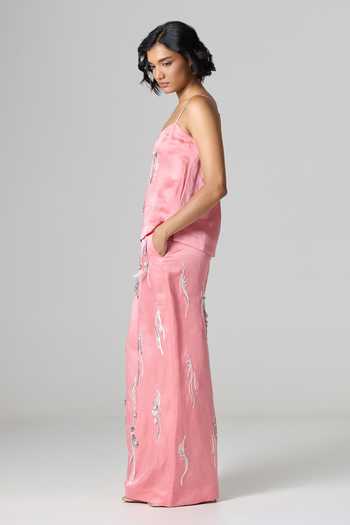 Buy_Dilnaz_Pink Linen Square Neck Rose Embroidered Trouser Set _Online_at_Aza_Fashions
