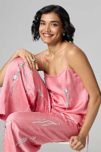 Shop_Dilnaz_Pink Linen Square Neck Rose Embroidered Trouser Set _Online_at_Aza_Fashions
