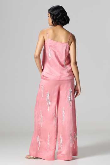 Shop_Dilnaz_Pink Linen Square Neck Rose Embroidered Trouser Set _at_Aza_Fashions