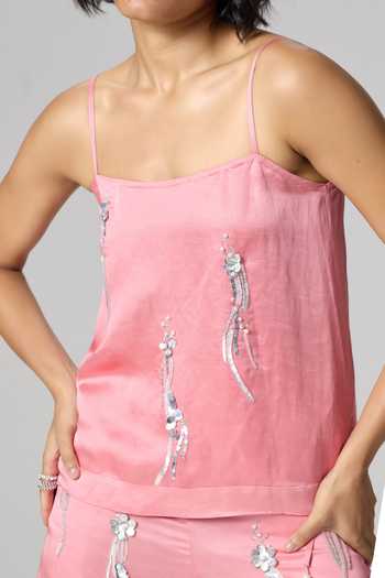 Dilnaz_Pink Linen Square Neck Rose Embroidered Trouser Set _at_Aza_Fashions