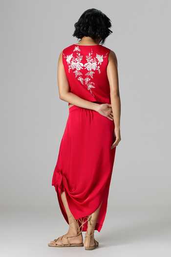 Shop_Dilnaz_Red Linen, Satin V-neck Orient Express Waistcoat And Skirt Set _at_Aza_Fashions