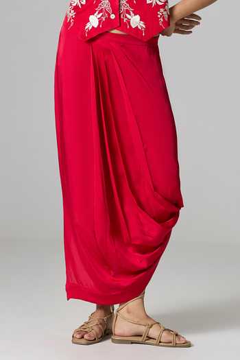 Dilnaz_Red Linen, Satin V-neck Orient Express Waistcoat And Skirt Set _Online_at_Aza_Fashions