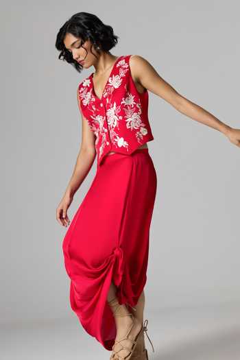 Buy_Dilnaz_Red Linen, Satin V-neck Orient Express Waistcoat And Skirt Set _Online_at_Aza_Fashions