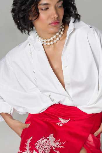 Dilnaz_Ivory Cotton Open Neck Bombay Embellished Shirt _at_Aza_Fashions