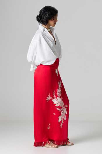Buy_Dilnaz_Red Linen Ming Embroidered Skirt _Online_at_Aza_Fashions