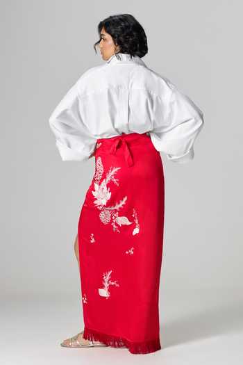 Dilnaz_Red Linen Ming Embroidered Skirt _Online_at_Aza_Fashions