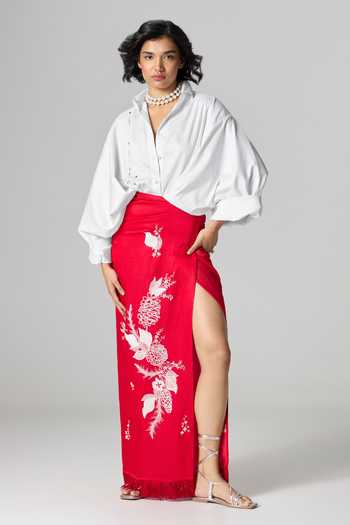 Buy_Dilnaz_Red Linen Ming Embroidered Skirt _at_Aza_Fashions
