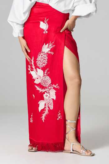 Shop_Dilnaz_Red Linen Ming Embroidered Skirt _Online_at_Aza_Fashions
