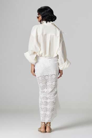 Shop_Dilnaz_Ivory Lycra Collared Neck Jamaican Draped Skirt _at_Aza_Fashions