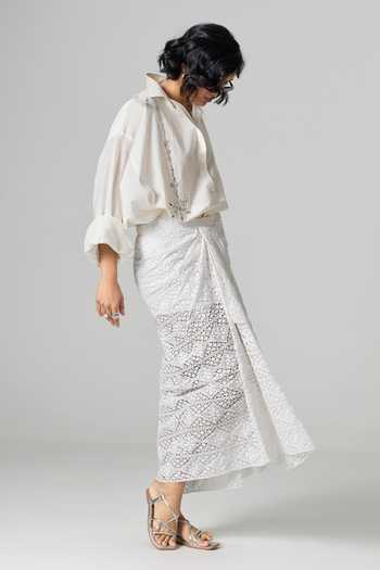 Dilnaz_Ivory Lycra Collared Neck Jamaican Draped Skirt _Online_at_Aza_Fashions