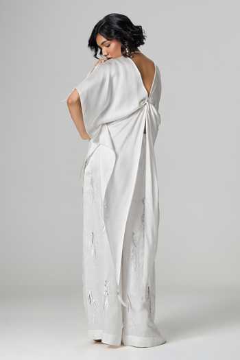 Shop_Dilnaz_Ivory Satin V-neck Jennifer Embellished Kaftan _at_Aza_Fashions