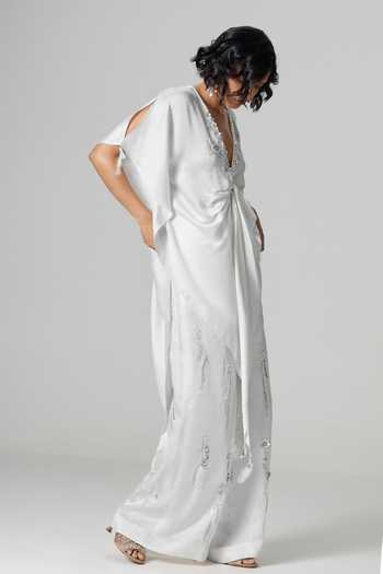Dilnaz_Ivory Satin V-neck Jennifer Embellished Kaftan _Online_at_Aza_Fashions