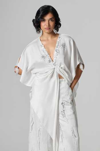 Buy_Dilnaz_Ivory Satin V-neck Jennifer Embellished Kaftan _at_Aza_Fashions