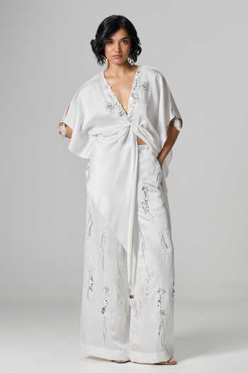 Buy_Dilnaz_Ivory Satin V-neck Jennifer Embellished Kaftan _Online_at_Aza_Fashions