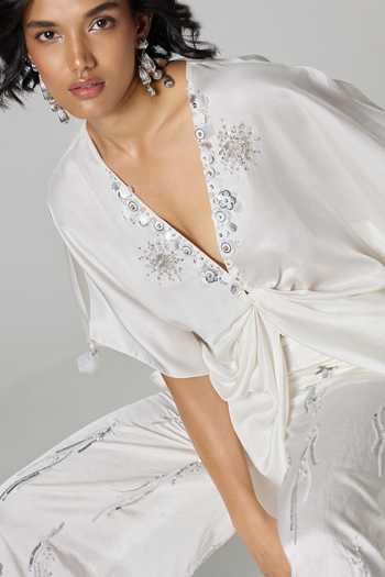 Shop_Dilnaz_Ivory Satin V-neck Jennifer Embellished Kaftan _Online_at_Aza_Fashions