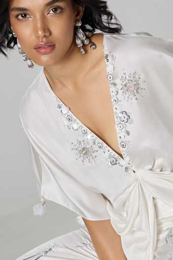 Buy_Dilnaz_Ivory Satin, Linen V-neck Eternal Embellished Trouser Set _Online_at_Aza_Fashions