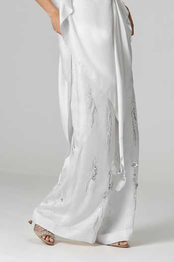 Shop_Dilnaz_Ivory Satin, Linen V-neck Eternal Embellished Trouser Set _Online_at_Aza_Fashions